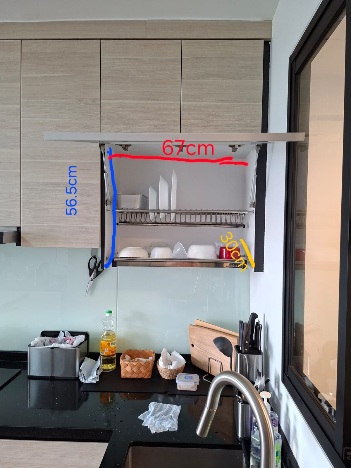How to measure cabinet: internal width 67cm, internal height 56.5cm, internal depth 30cm